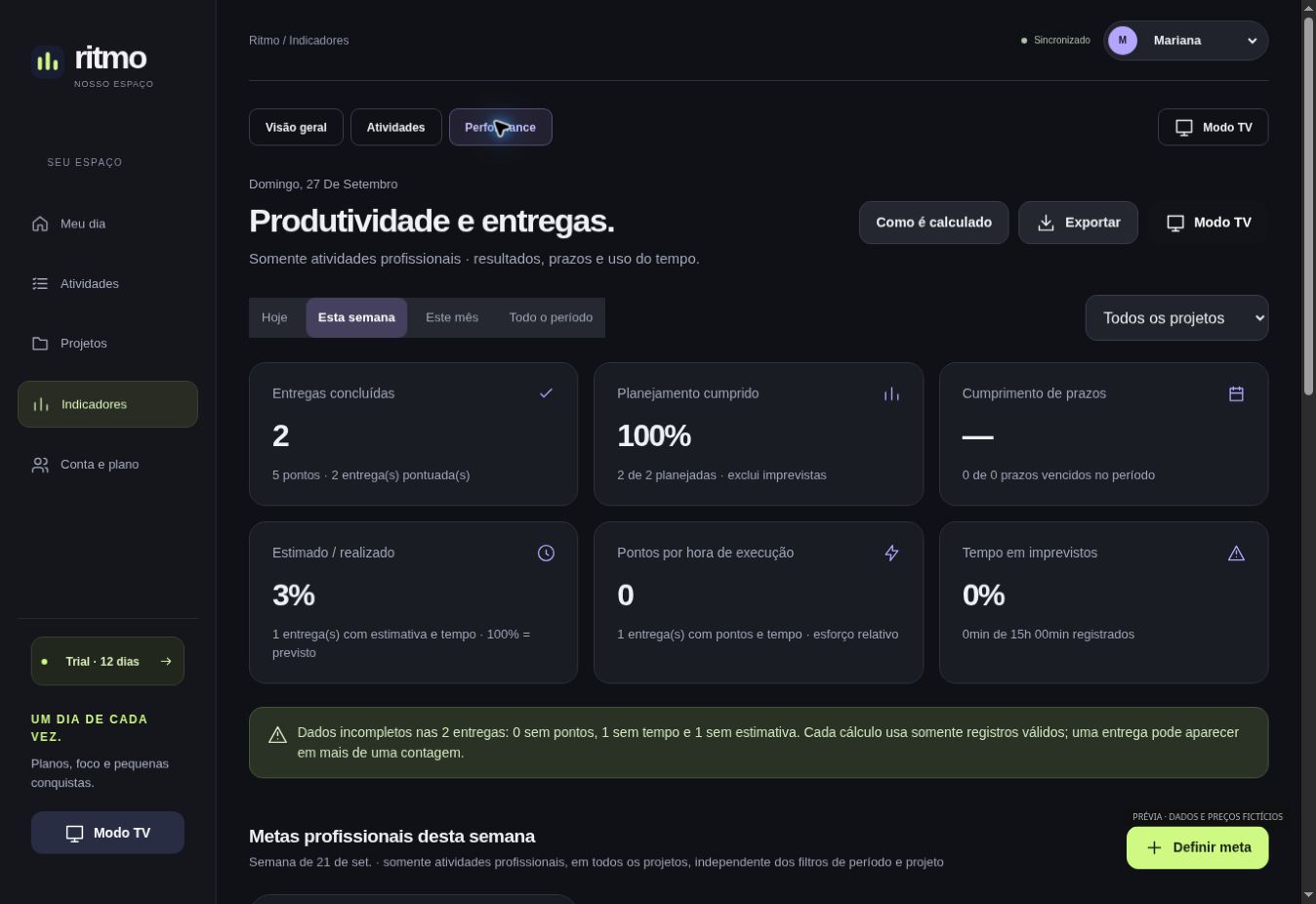 Painel profissional do Ritmo com entregas, tempo estimado e realizado e desempenho por projeto.